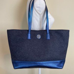 Tory Burch Bag Jaden Tote Gray Wool Blue Metallic Shoulder Purse